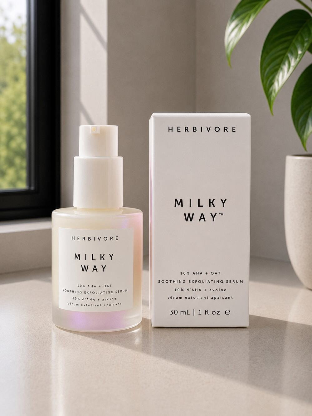 $58 New Herbivore Milky Way 10% AHA + Oat Soothing Exfoliating Serum 30mL New